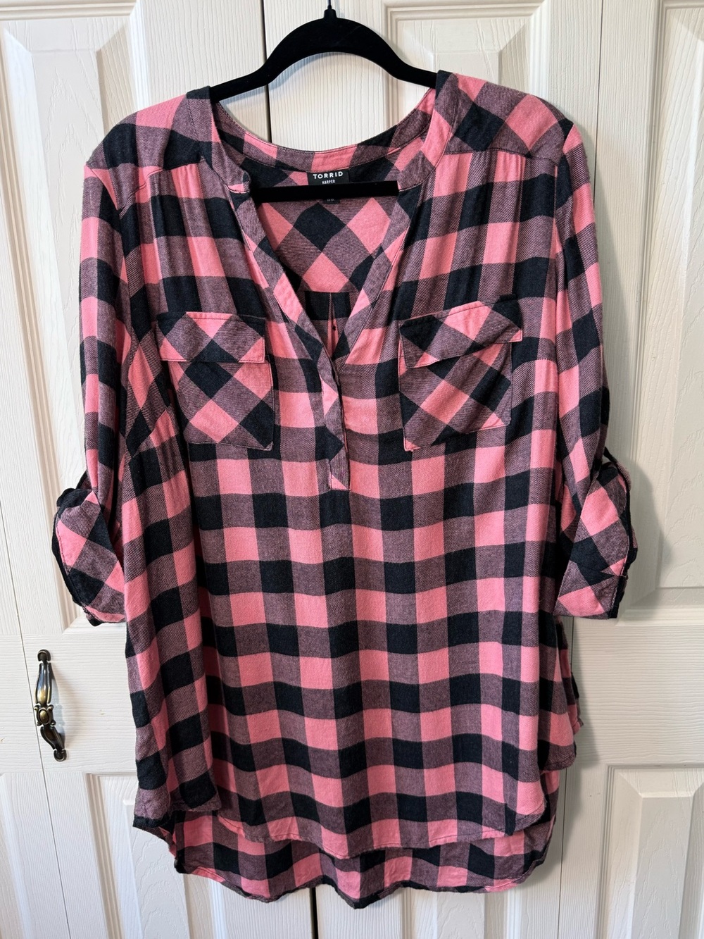 Torrid Pink Black Plaid Button Front Tunic Blouse Women’s Size 2X